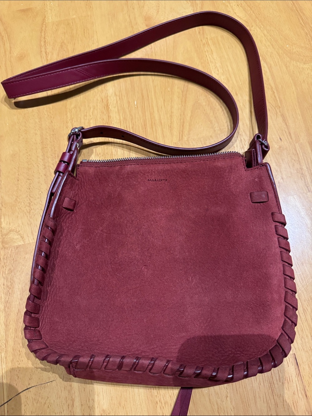 All Saints Burgundy Suede Whipstitch Crossbody Bag